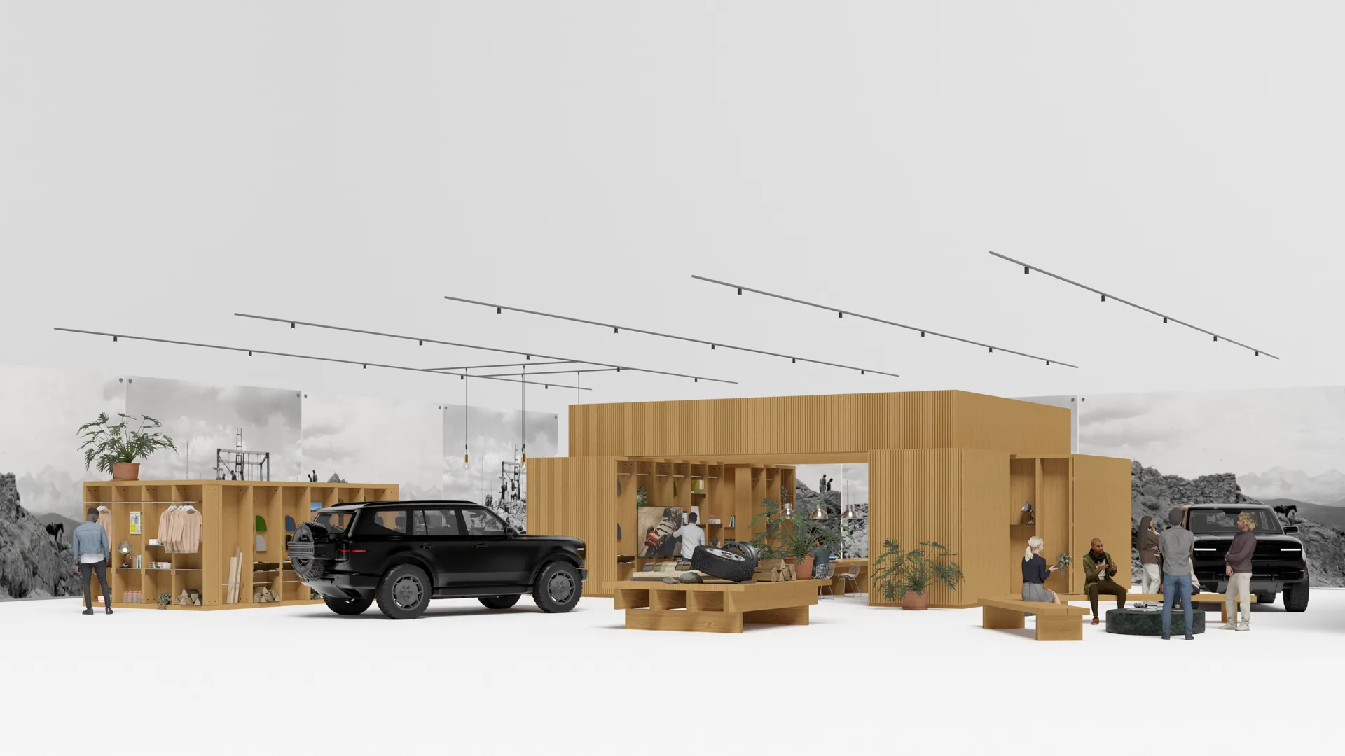 Perspective view of the pop-up structure in warm wood