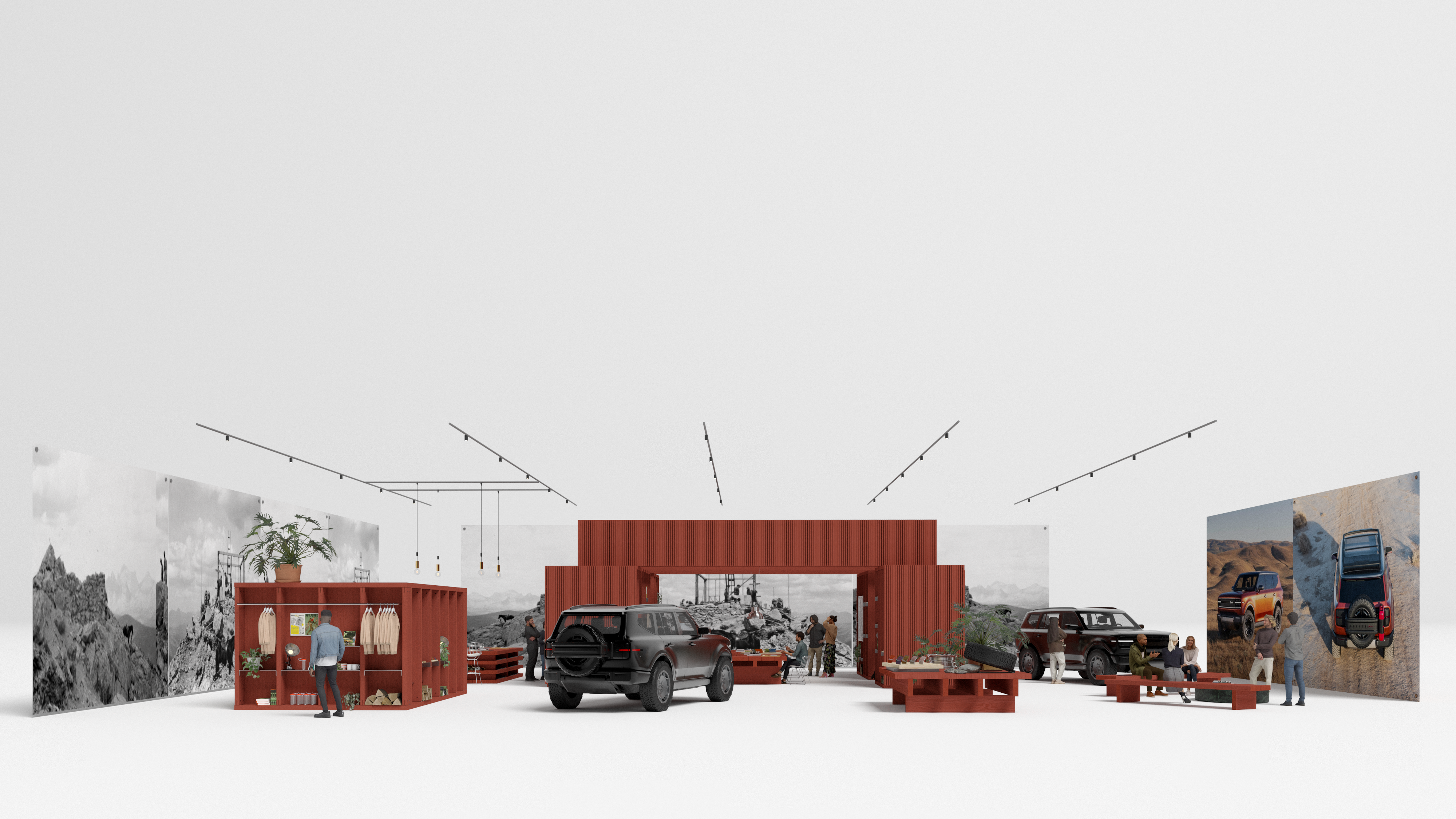 Front elevation render of a demountable showroom in red framing with vehicles and landscape banners