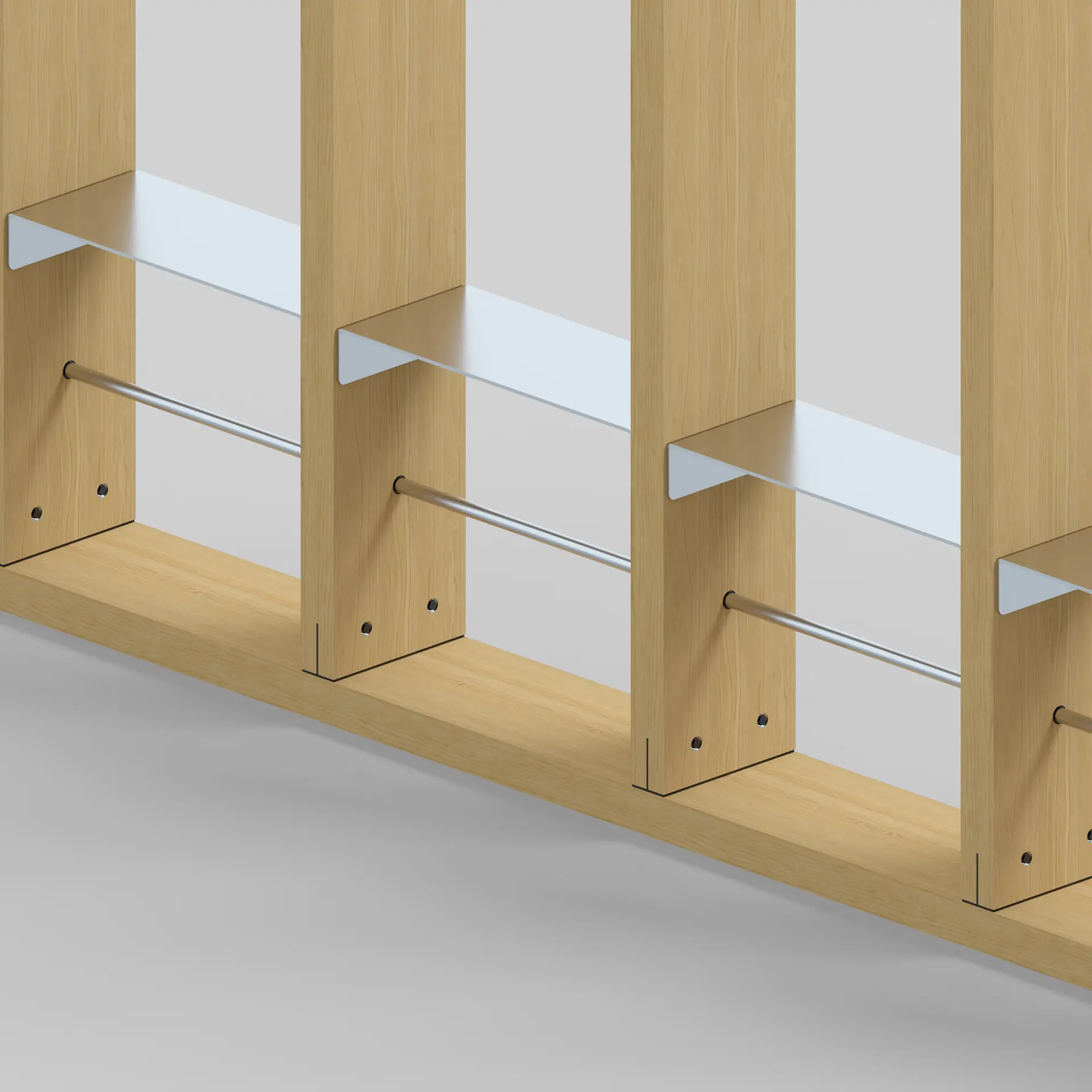 Repeating bay detail of timber posts, metal shelves and rails