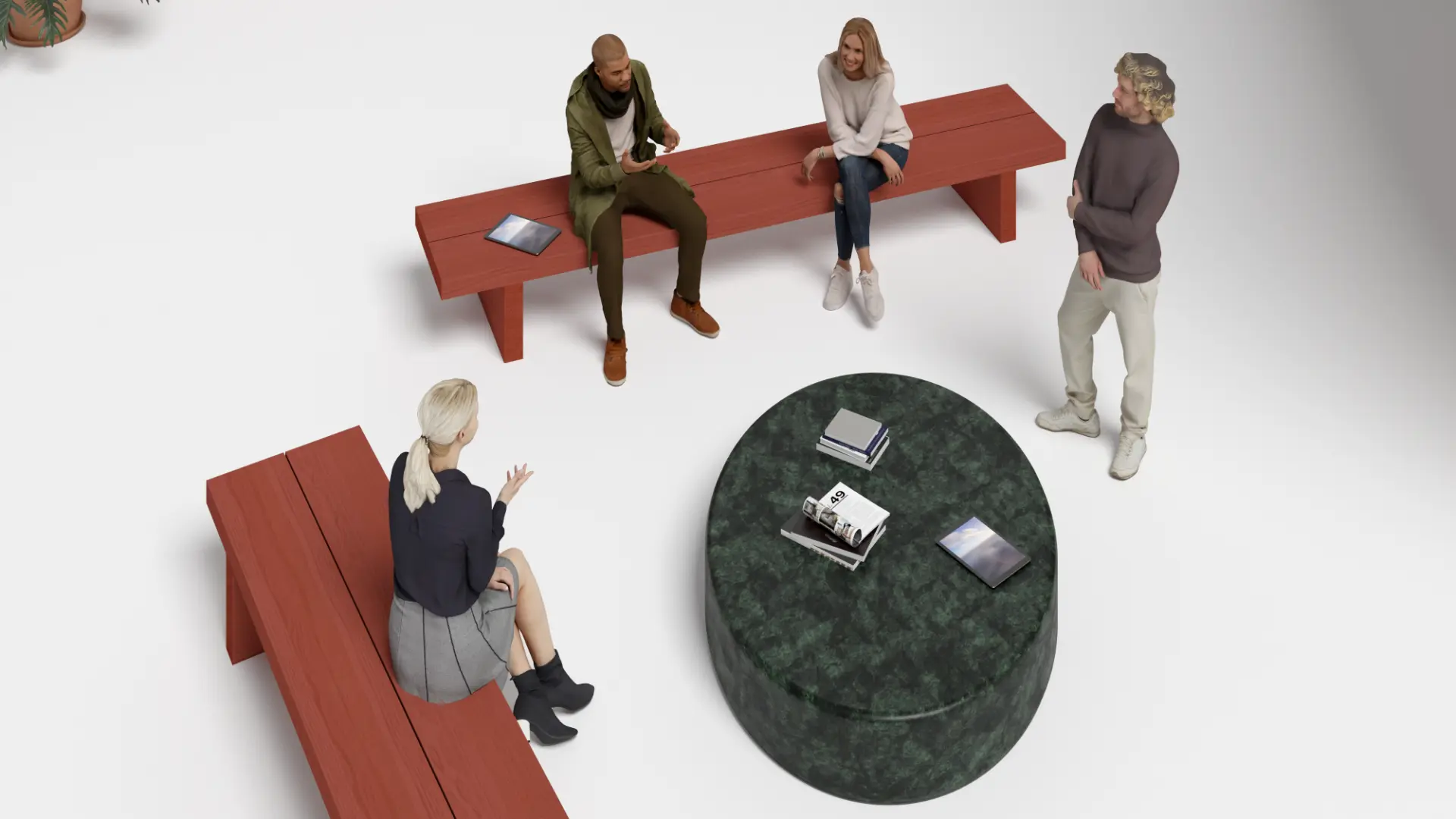 Bench seating vignette within the pop-up