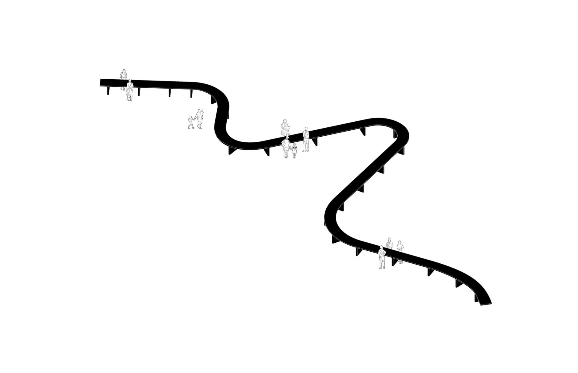 Black axonometric drawing of the continuous table with figures along its winding route