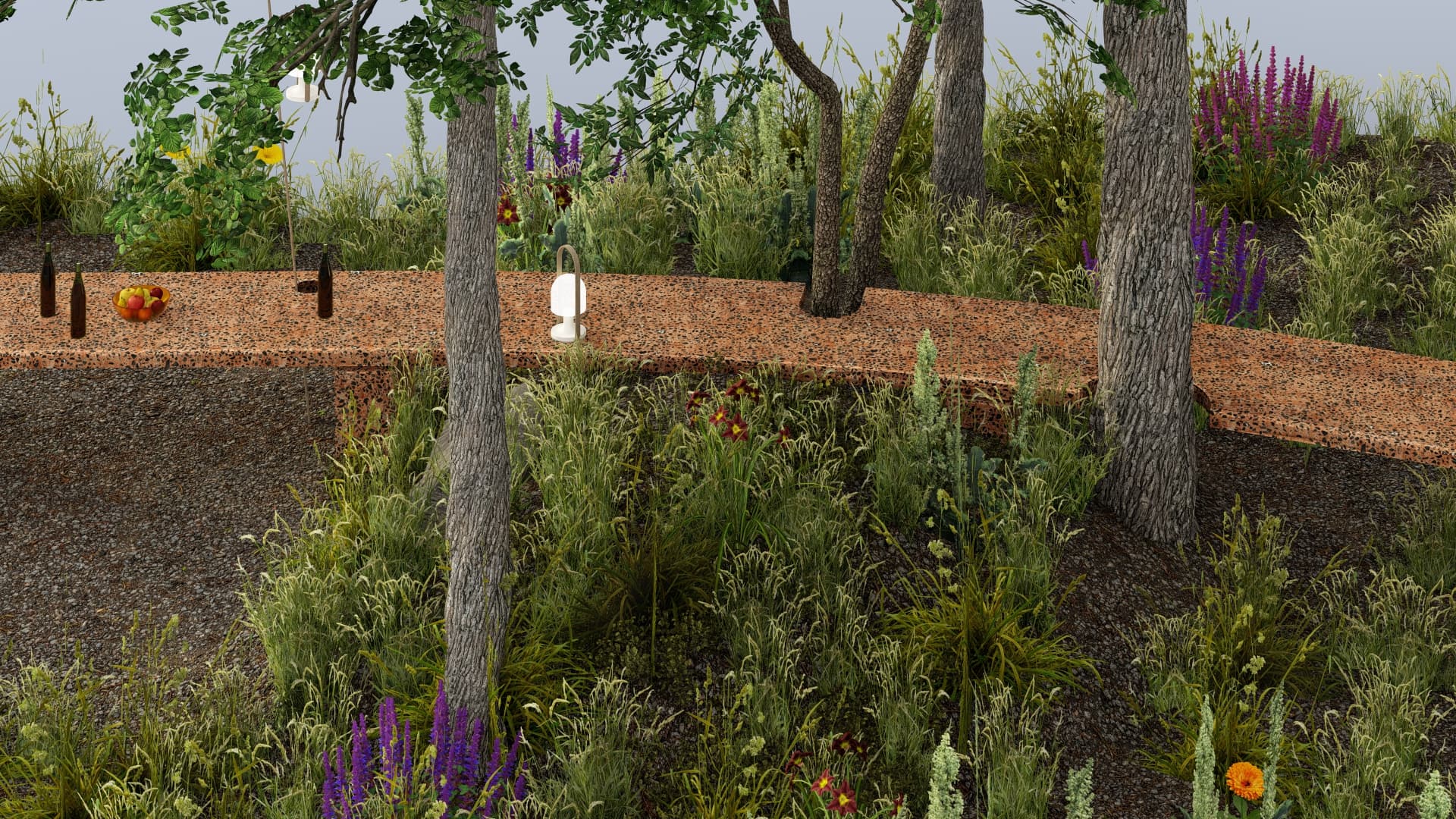Design render of the table edge cutting through a planted meadow bank