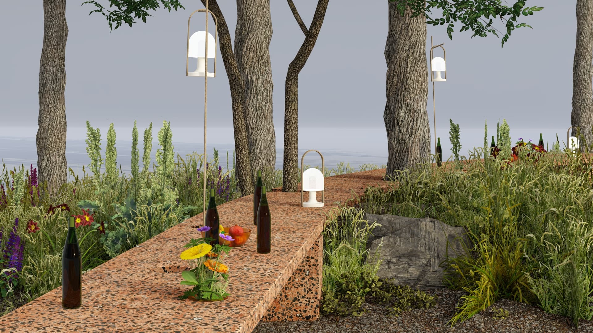 Design render of lanterns above the terrazzo table at the grove's outer edge
