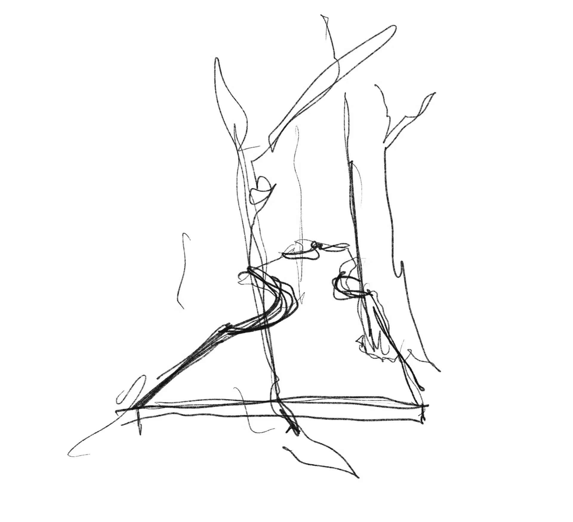 Loose black concept sketch of a path and table threading between tree trunks