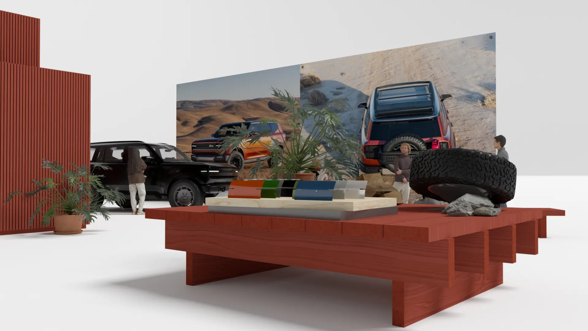 Plinth display table with material swatches and a tire