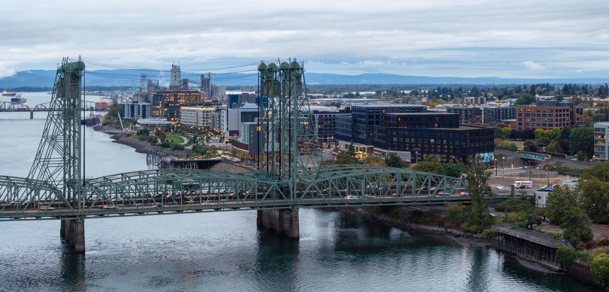 Aerial view of the Columbia River, the Interstate Bridge and the Terminal 1 waterfront district