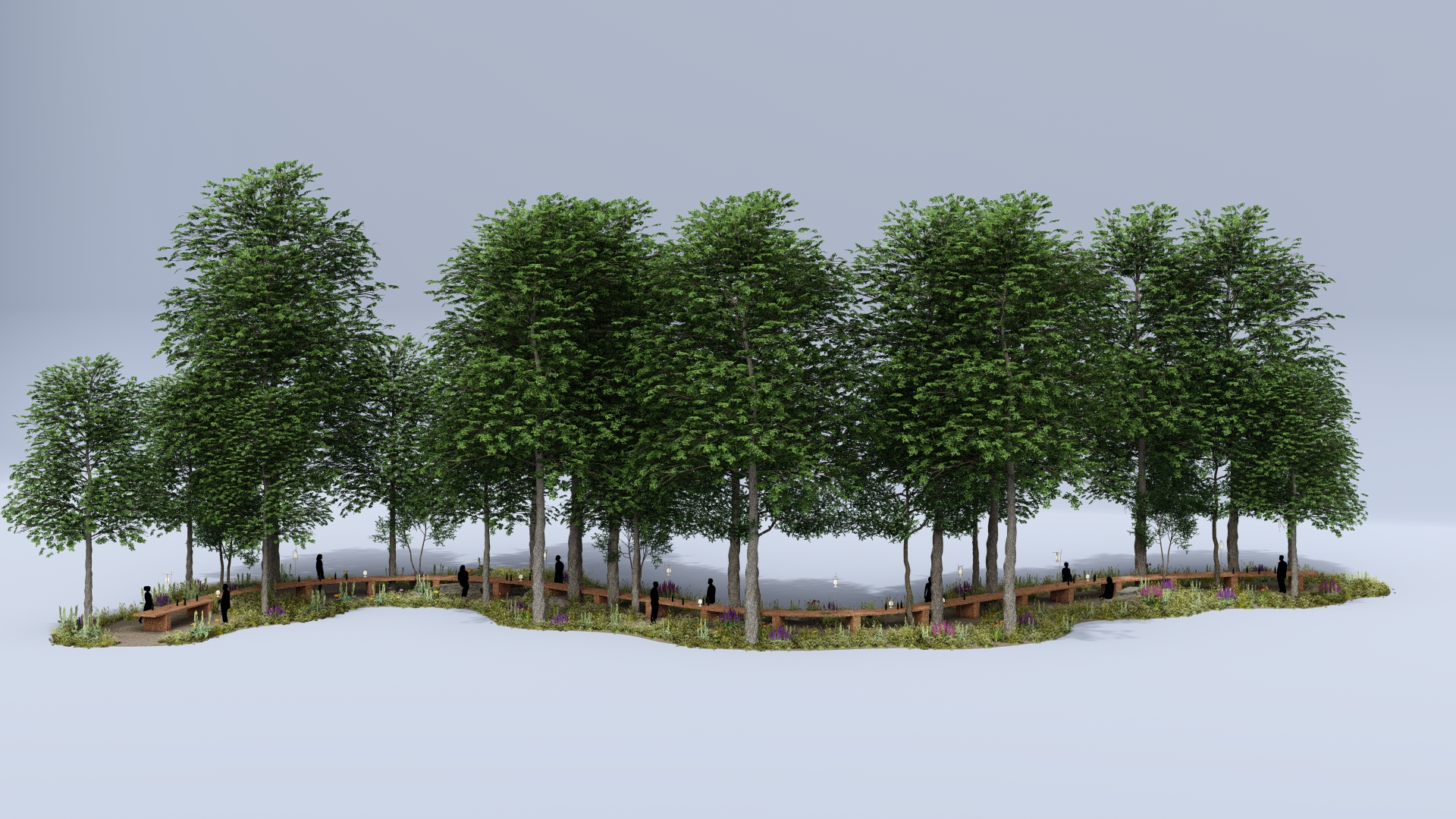 Design render showing the table looping through the grove in elevation