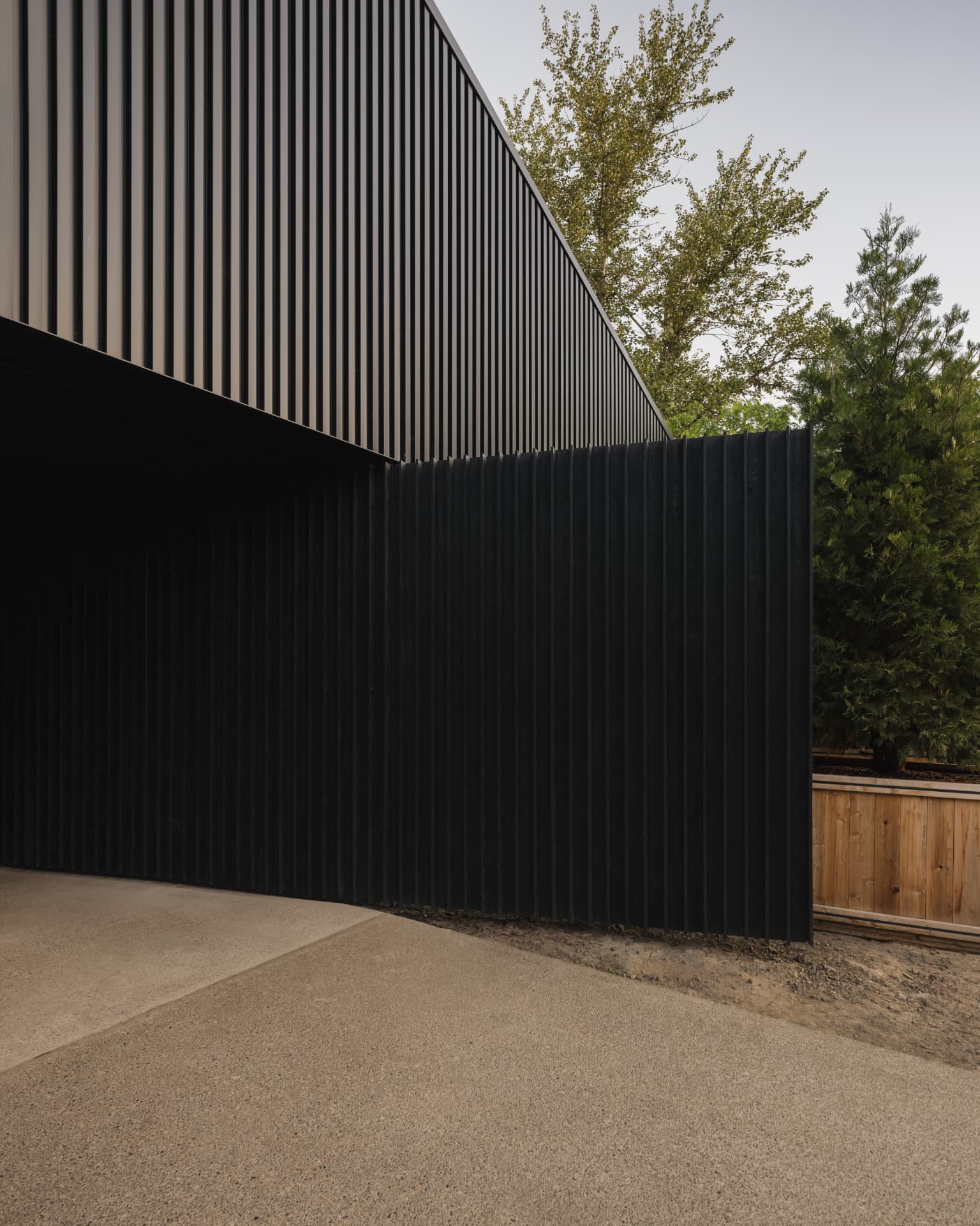 Black vertical timber cladding meeting gravel and planting