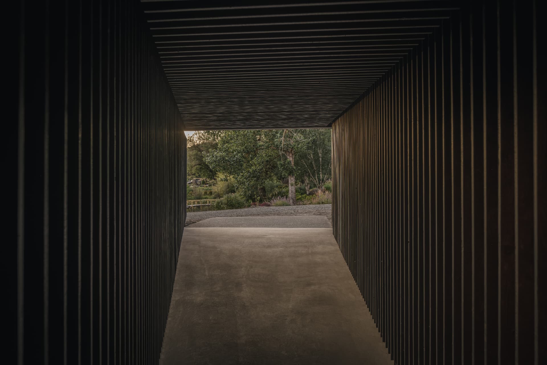 Black timber passage framing a view out to the landscape