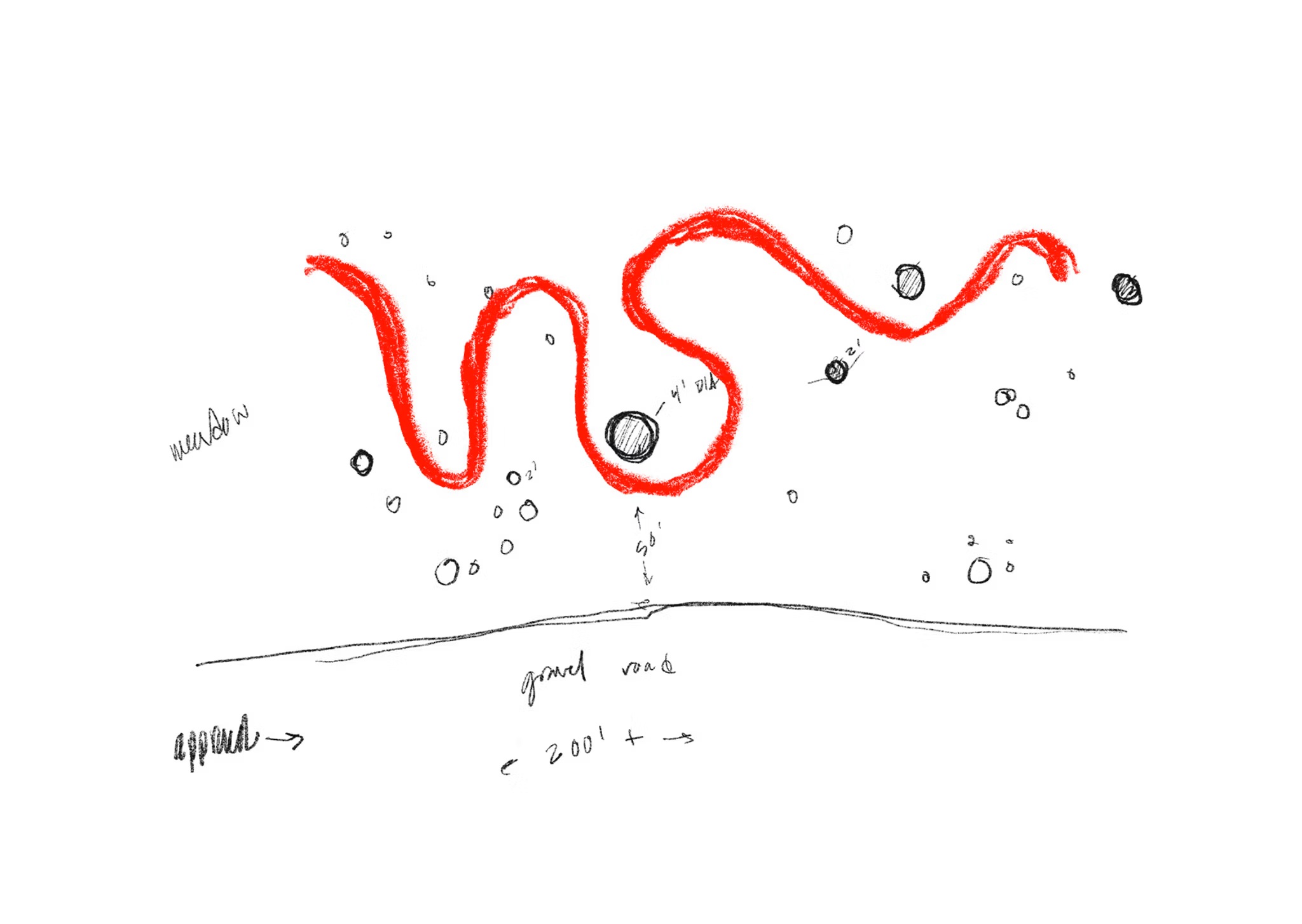 Early site sketch tracing the table as a red line weaving between existing oak trunks