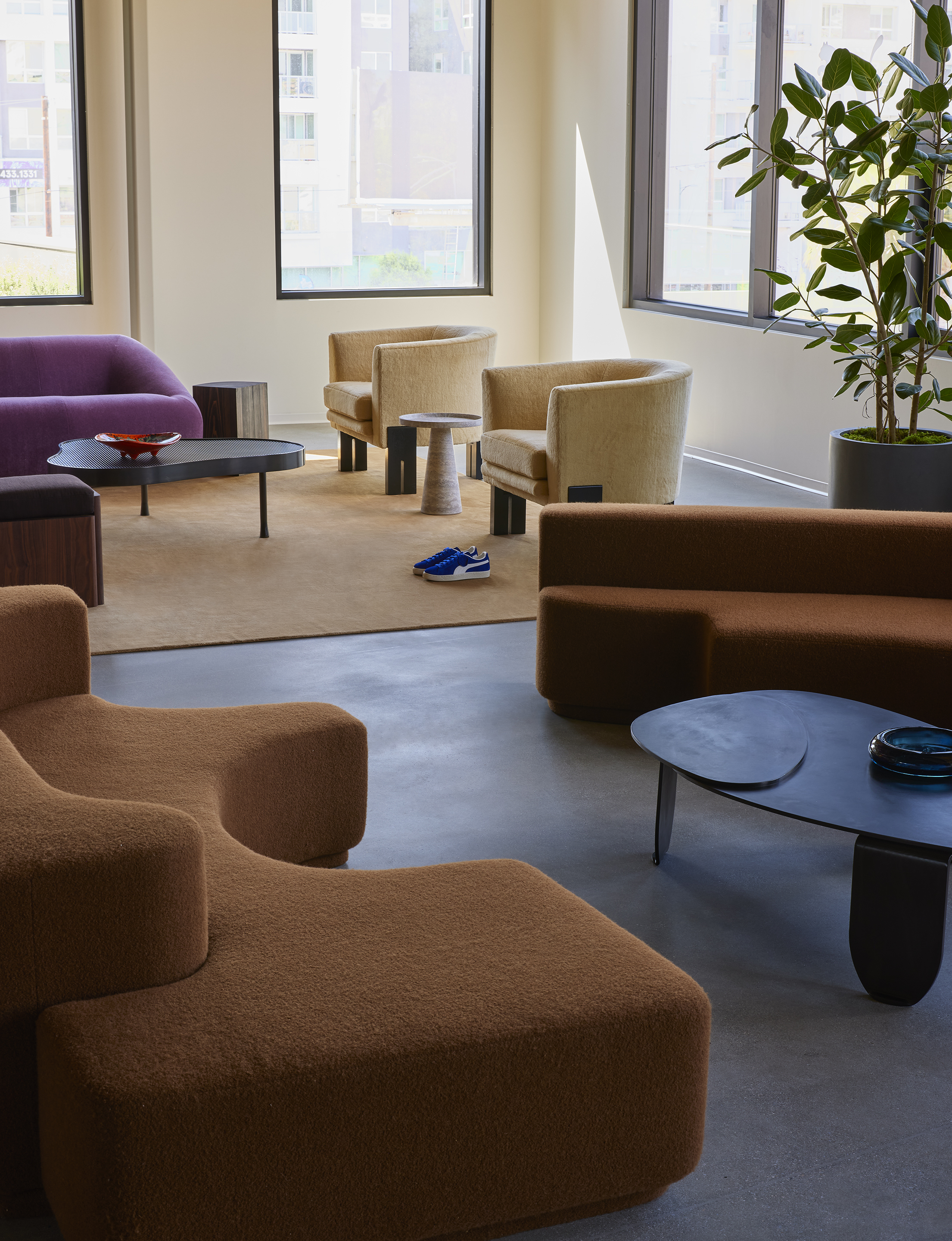 Sculpted brown and cream lounge seating on a sand rug in daylight