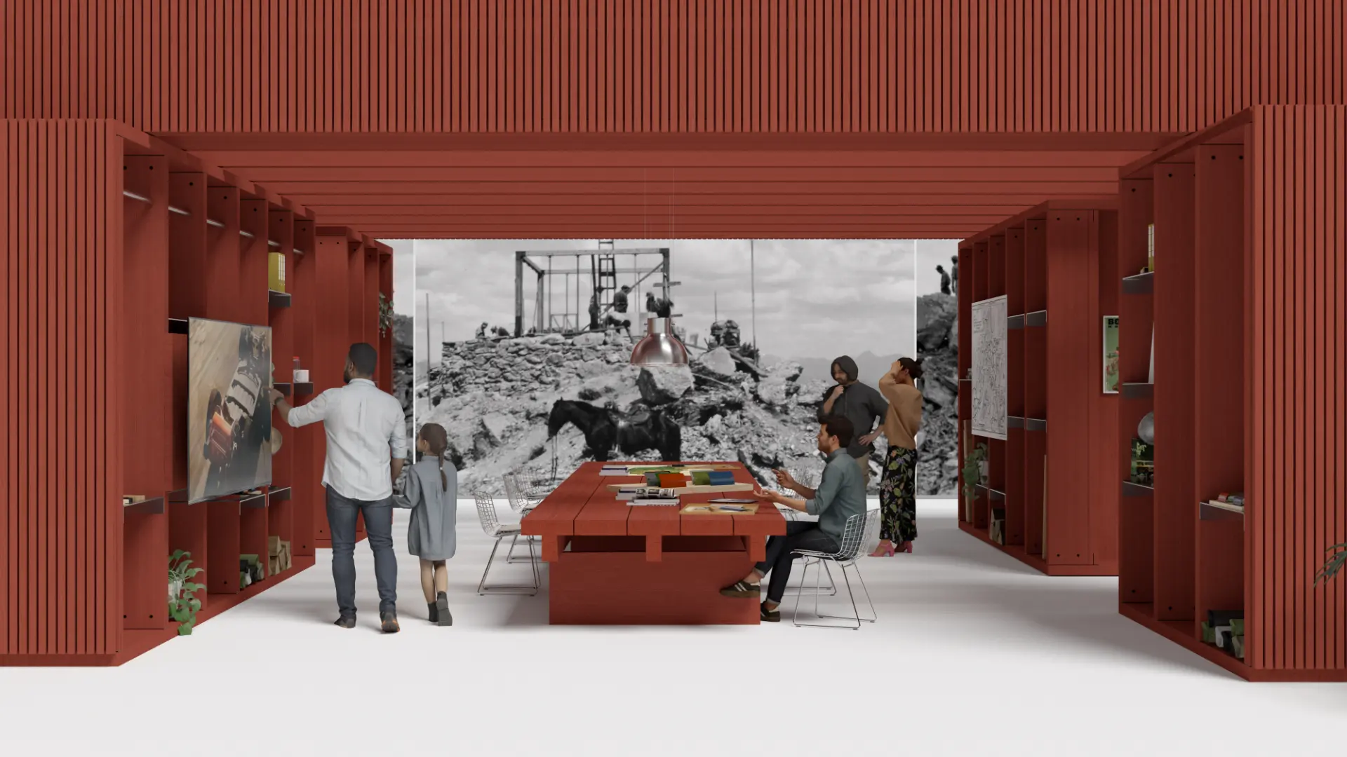 Exterior perspective of the pop-up in terracotta red