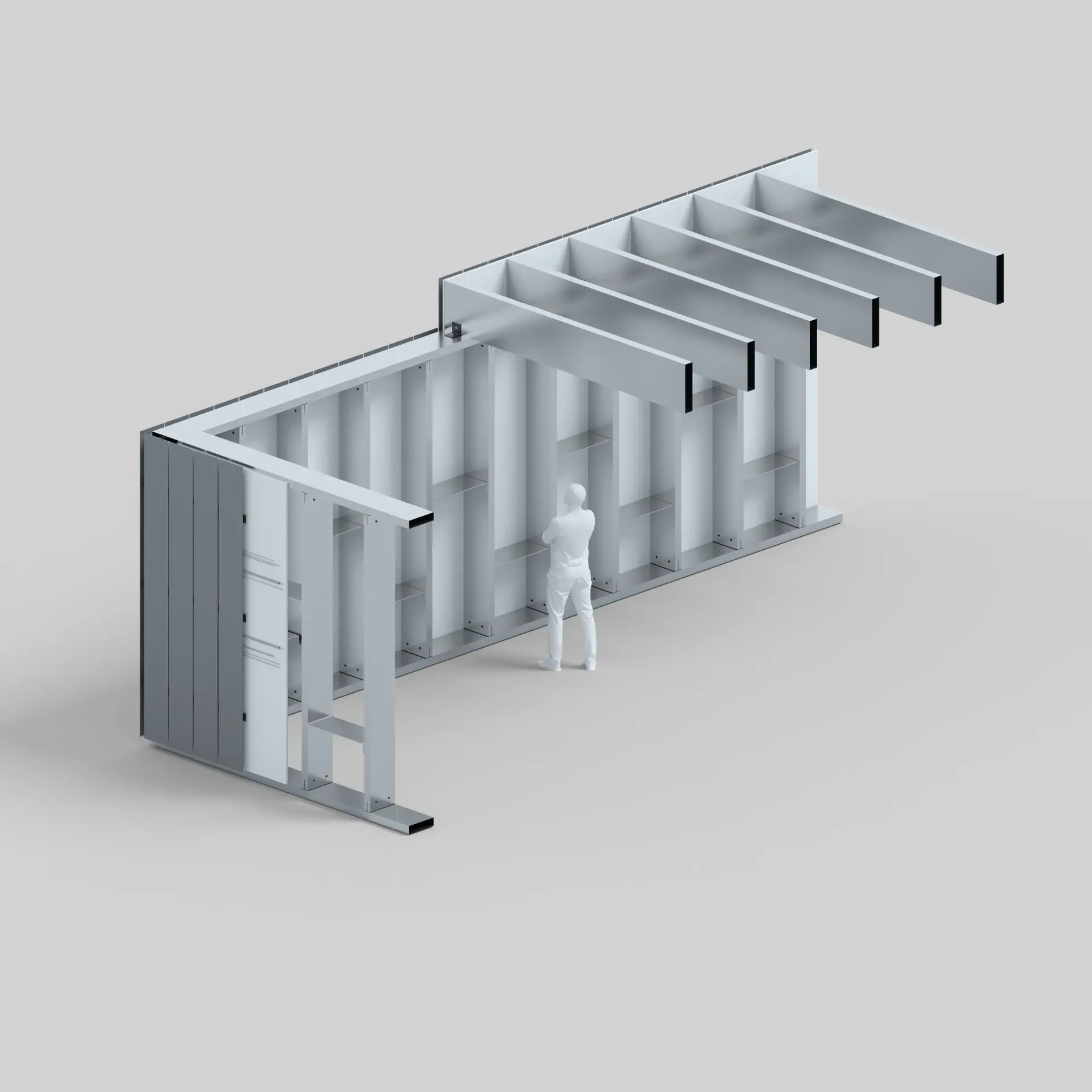 Framing system rendered in brushed metal