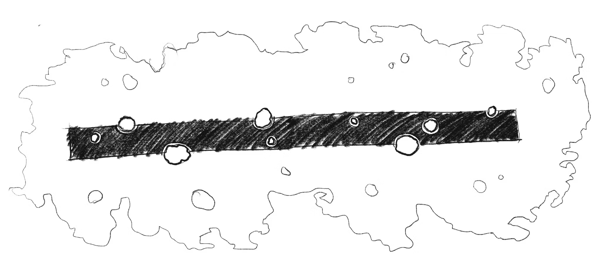 Plan sketch setting a linear table within the irregular outline of the oak canopy