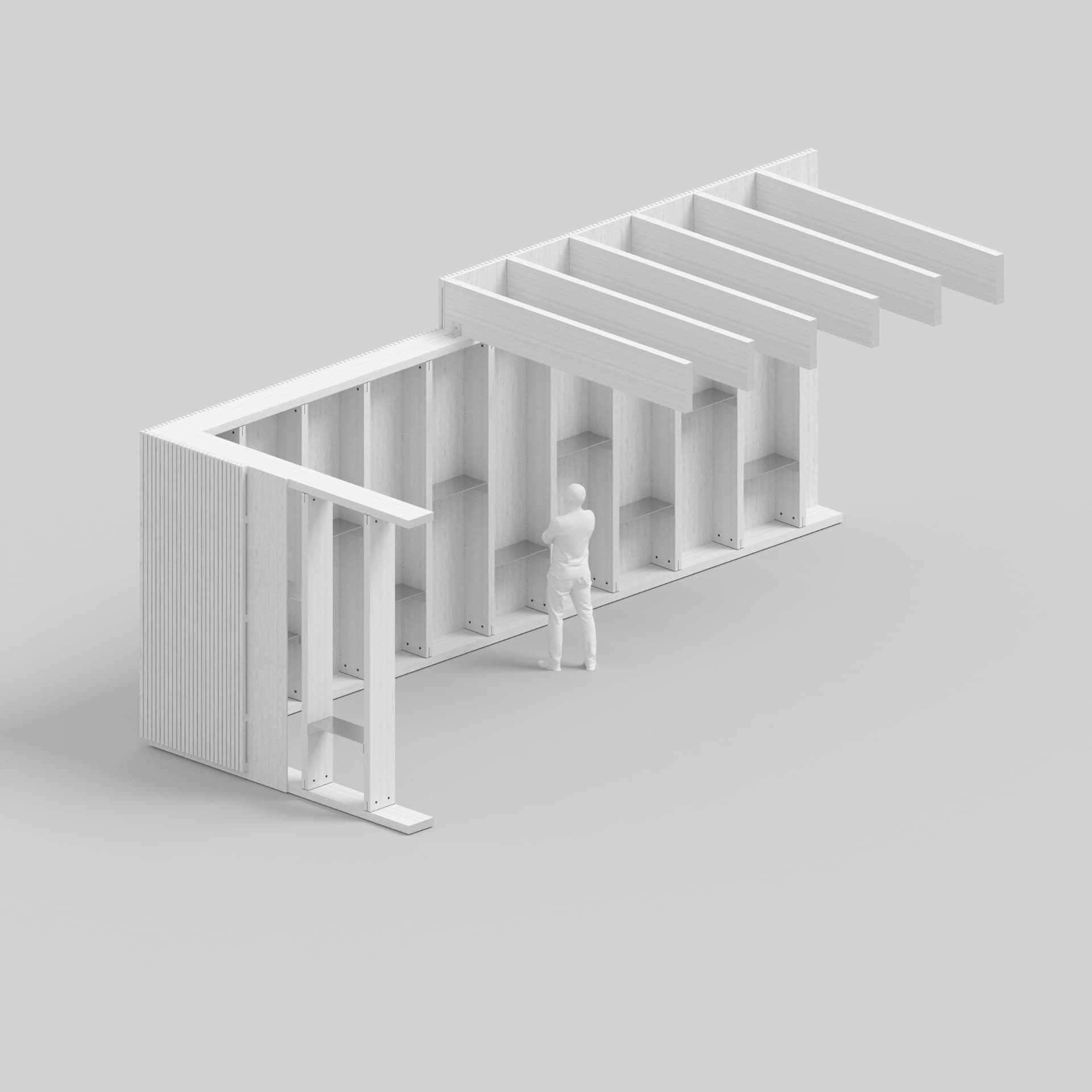 Material-neutral axonometric of the framing system with a figure for scale