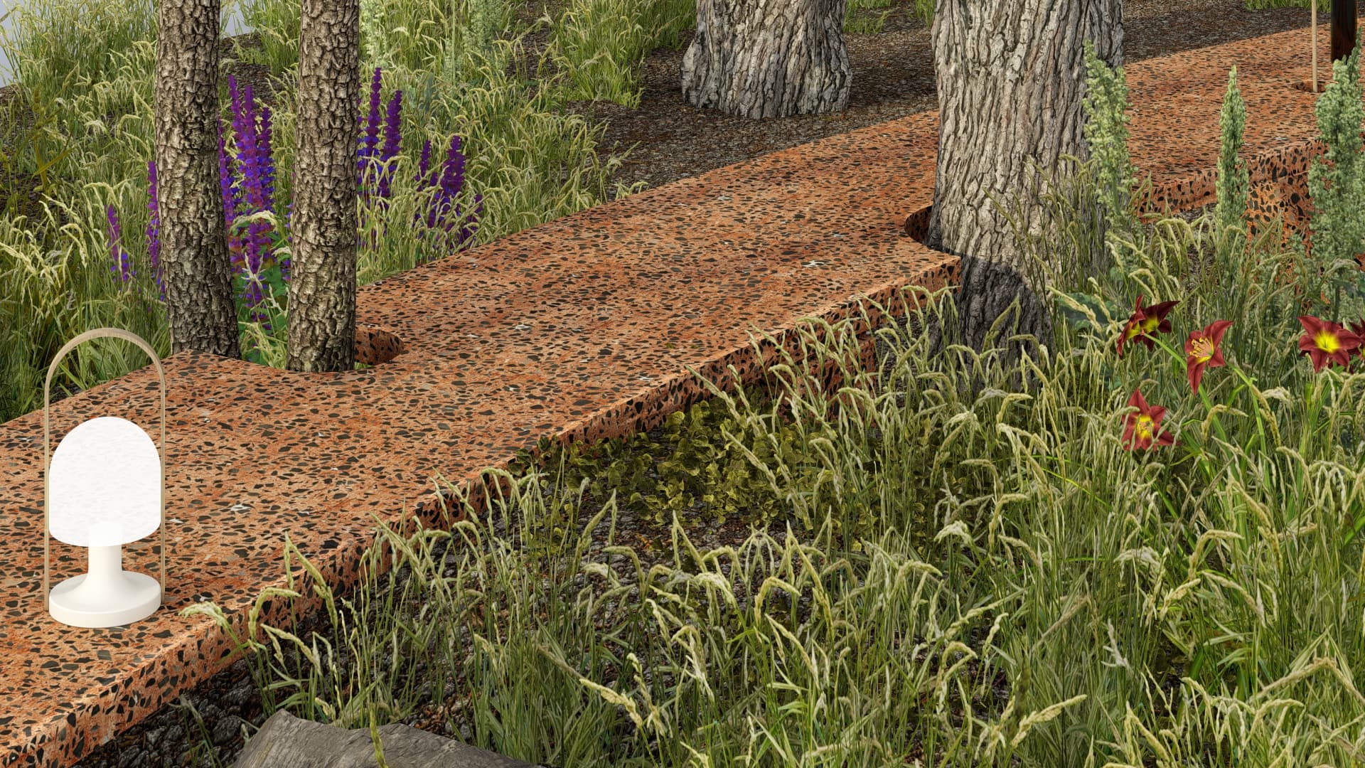 Design render of the terrazzo surface stepping around a tree trunk