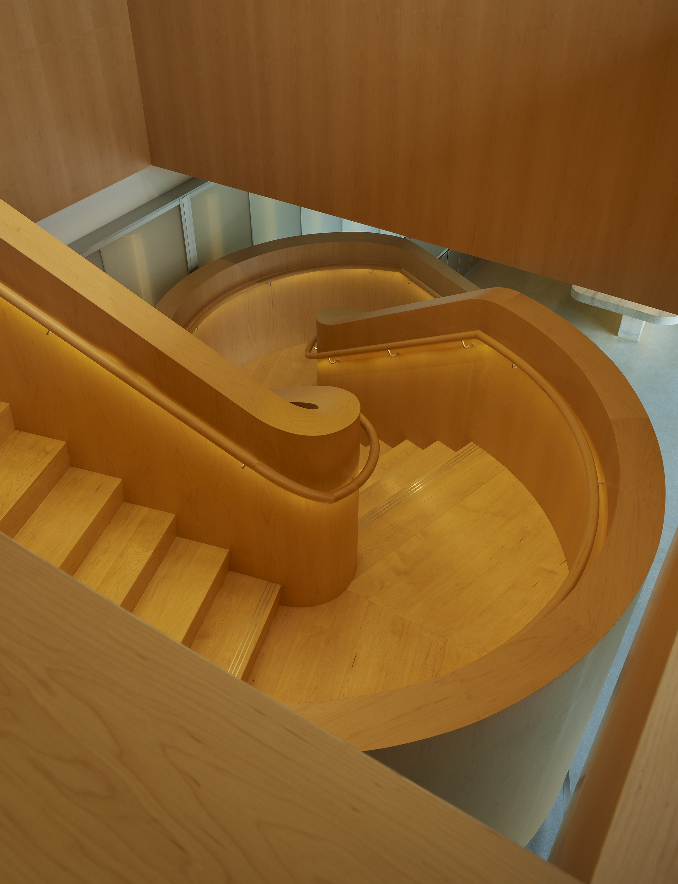 Looking down into the curved maple stair from the landing above