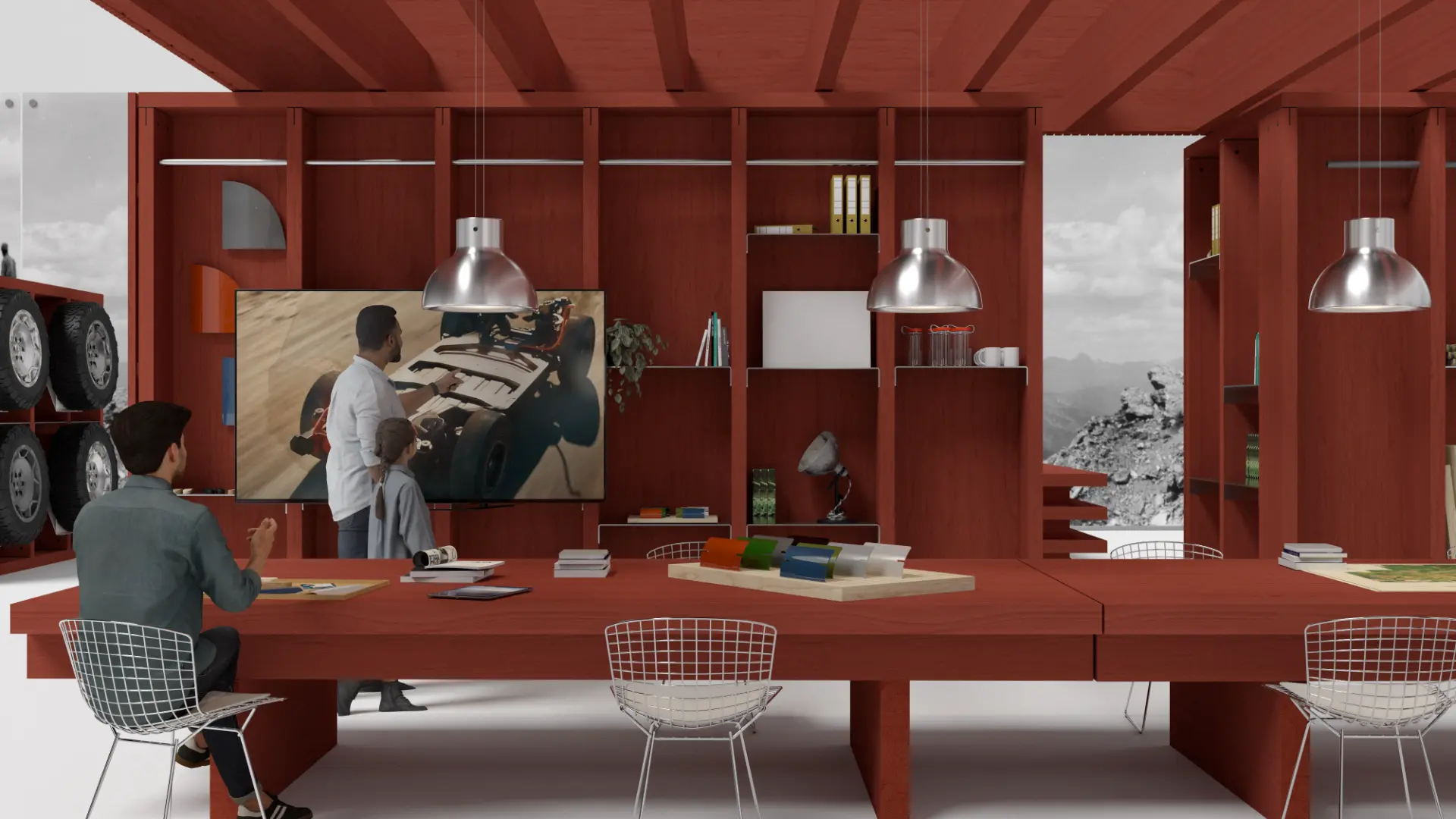 Interior view of the workspace and shelving wall