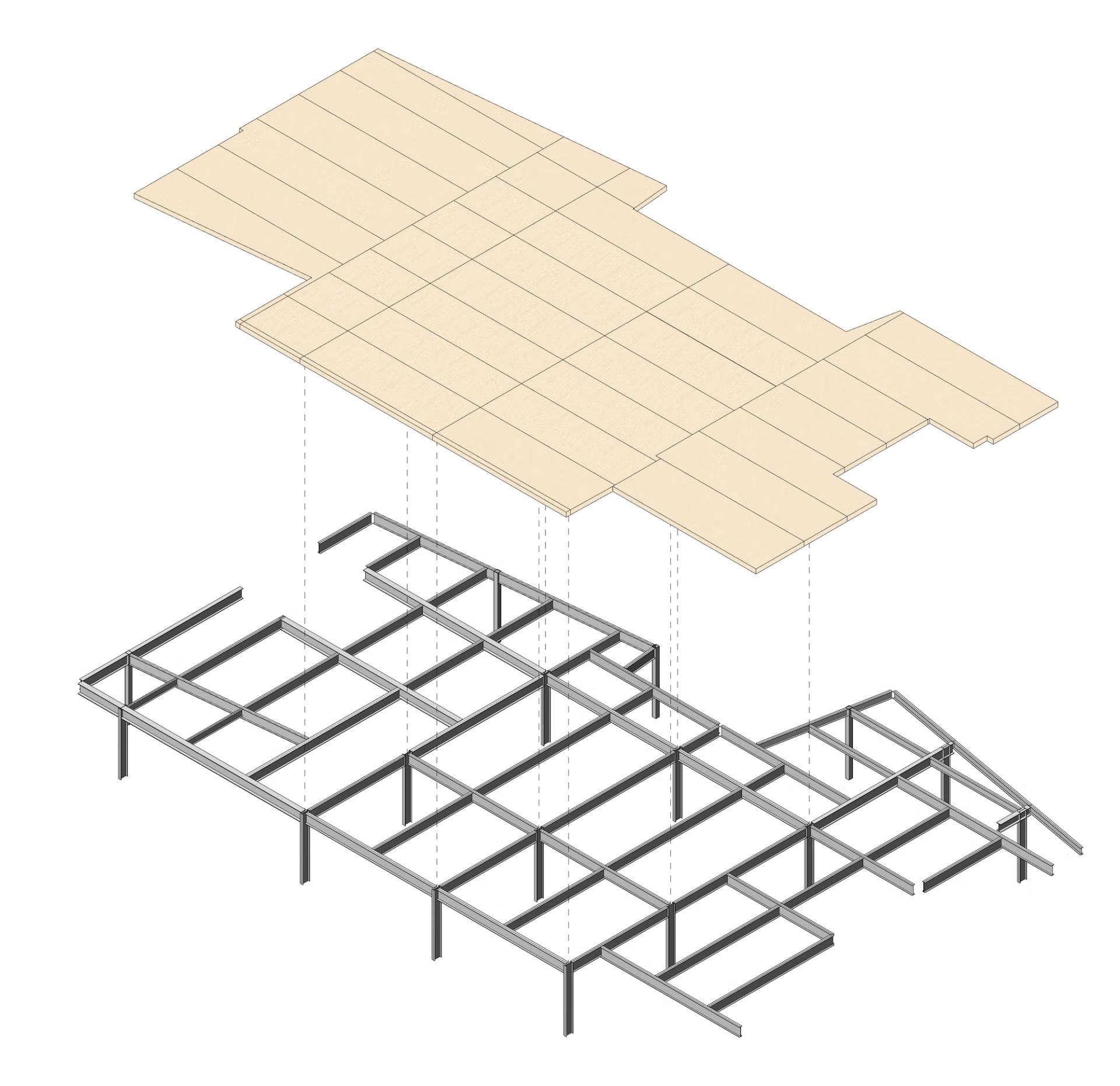 Exploded axonometric of the timber floor panels above the steel frame