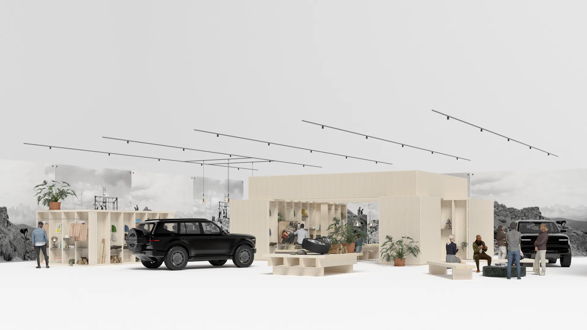 Perspective view of the pop-up structure in light plywood