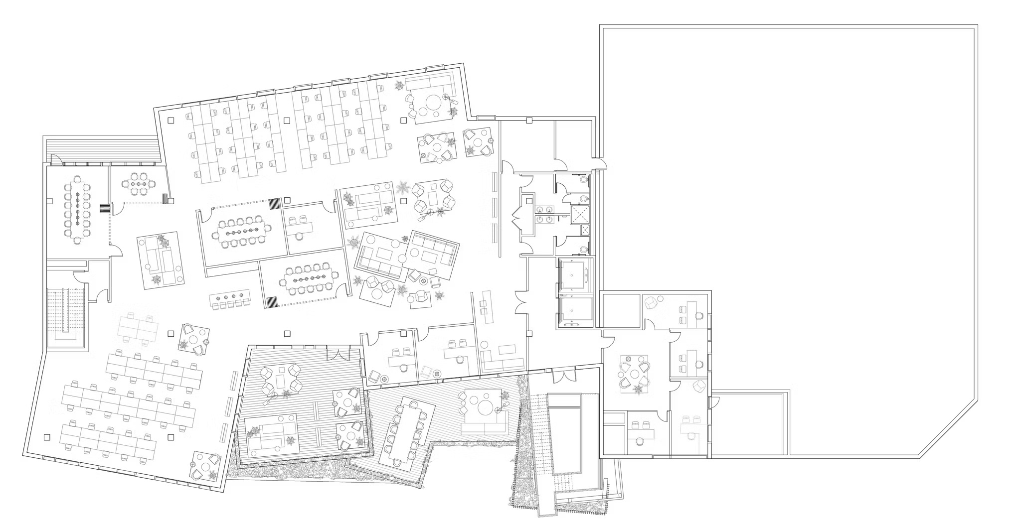 Floor plan drawing of the workplace levels, terraces and cores