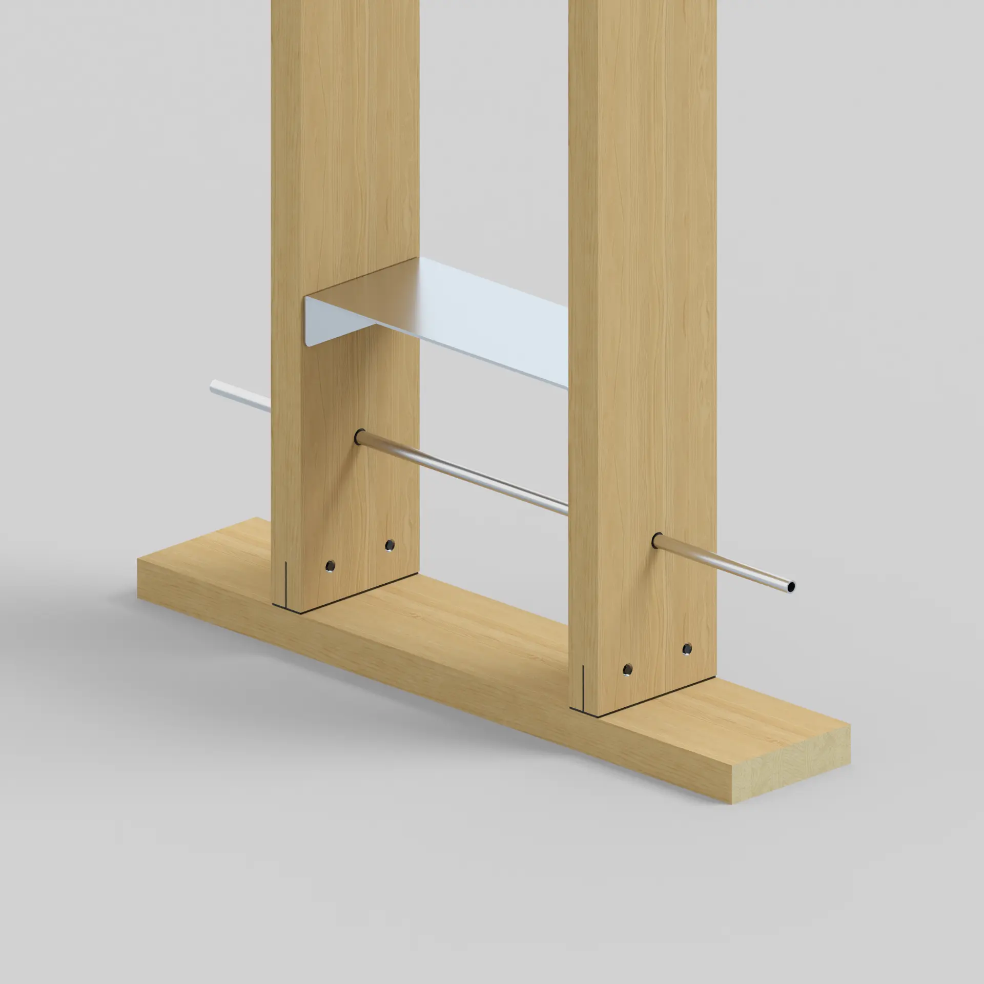 Close detail of two timber posts with a metal shelf and rail