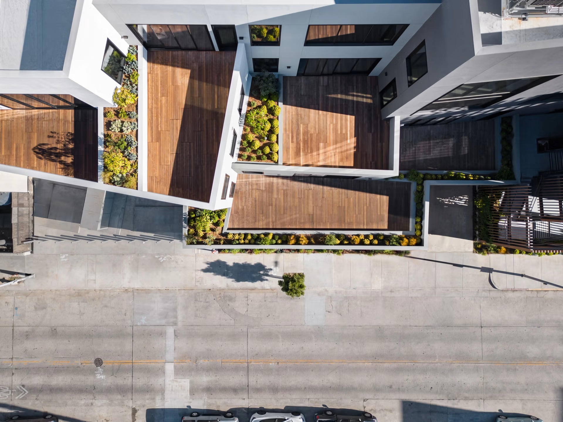 Overhead view of the timber roof decks and succulent planting beds