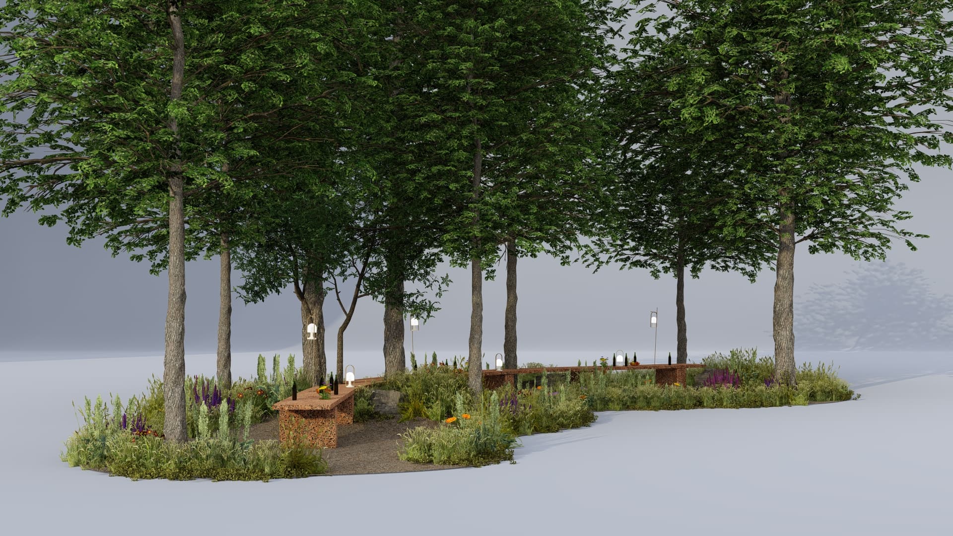 Design render of the clearing with planted meadow and hanging lanterns