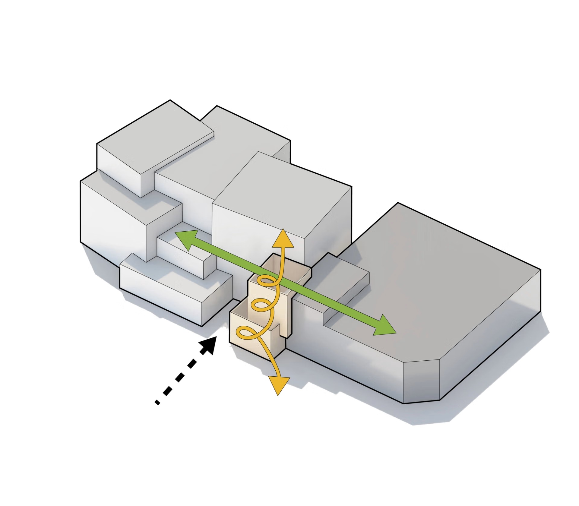 Massing and circulation diagram showing entry, vertical core and cross-site movement