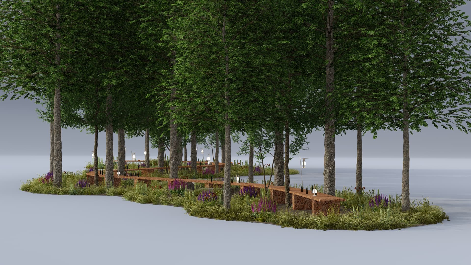 Design render looking along the table's length through the grove