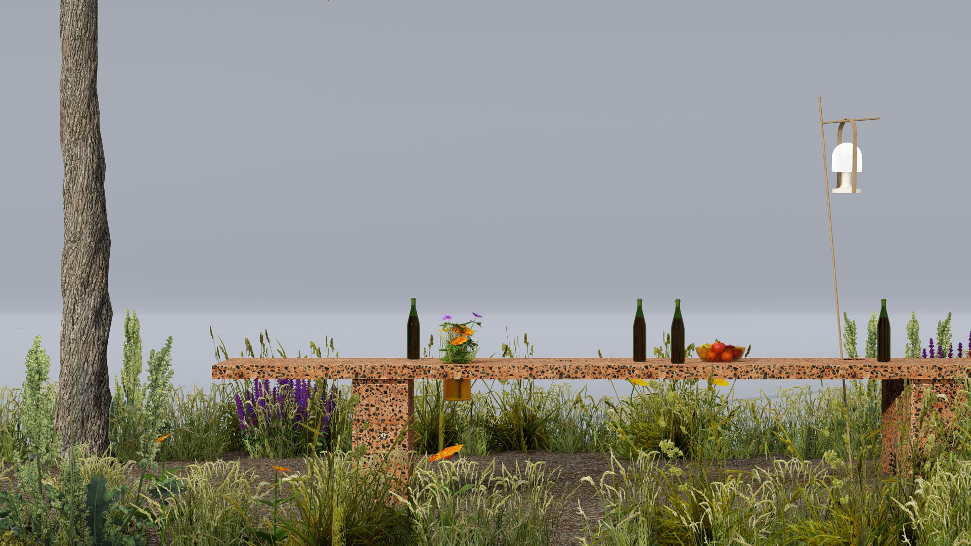 Design render of the terrazzo table set with bottles and flowers