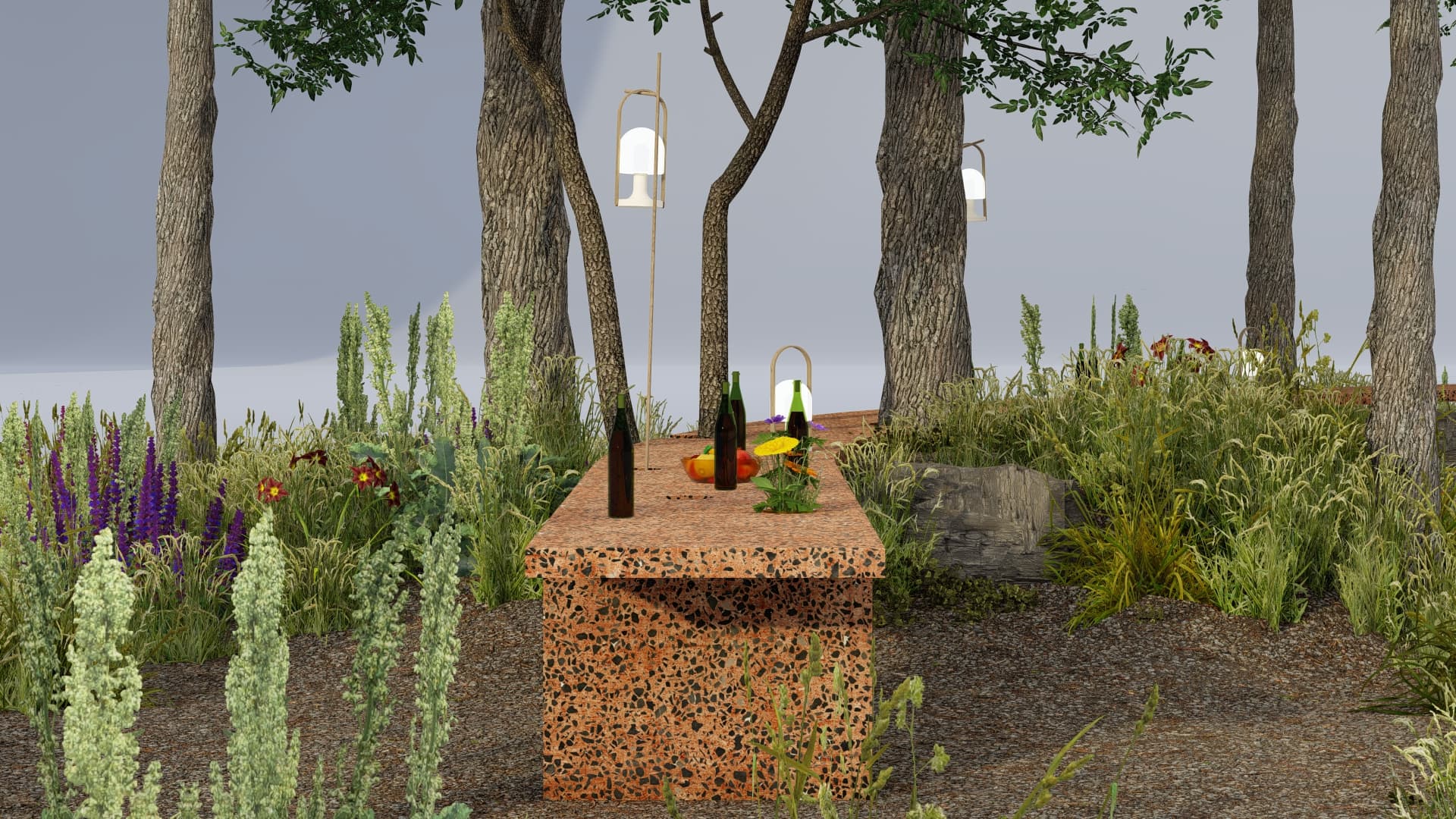Design render of the terrazzo plinth table among wildflowers and lanterns