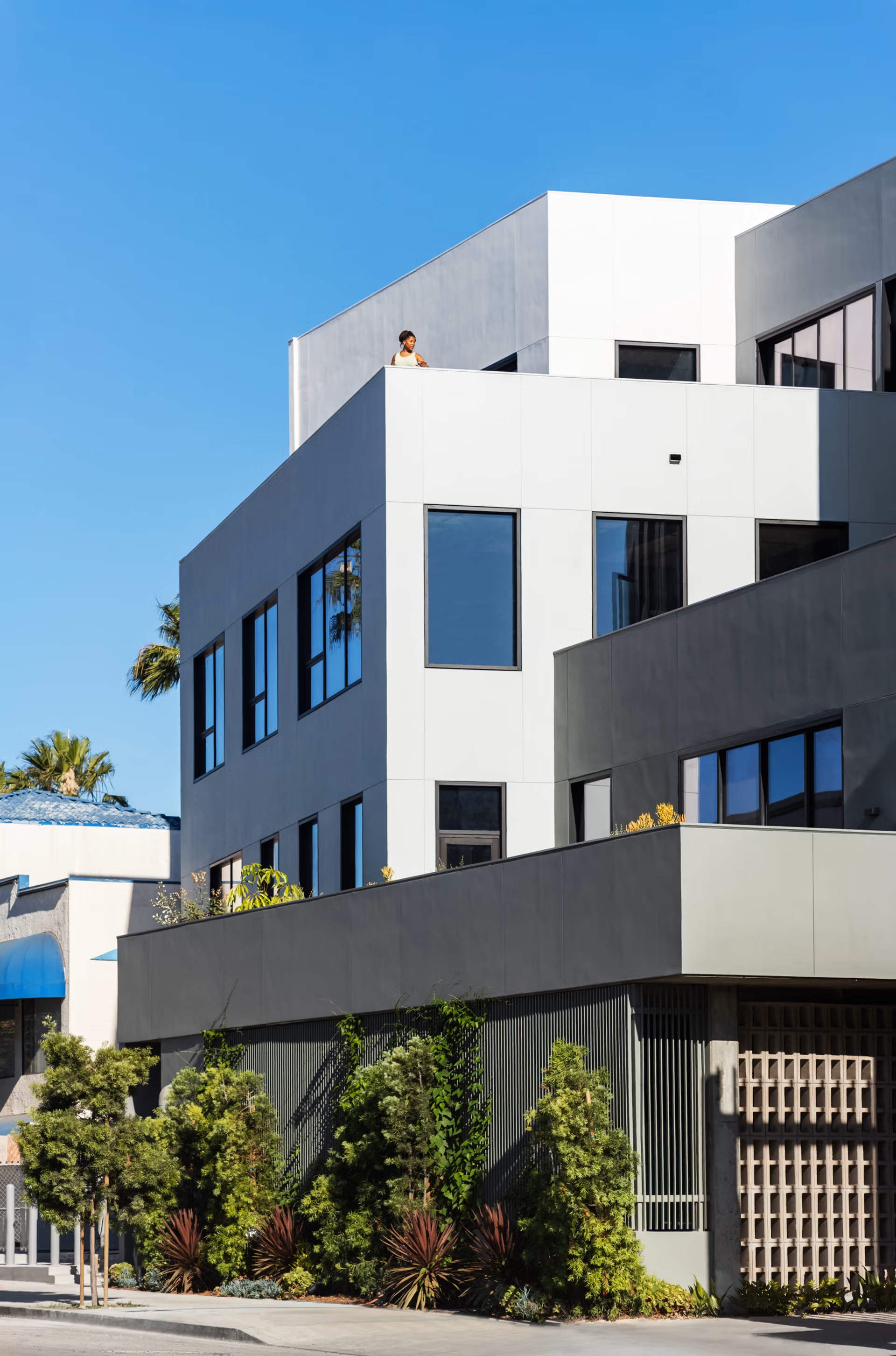 Completed corner of the building in white and grey panels above planting