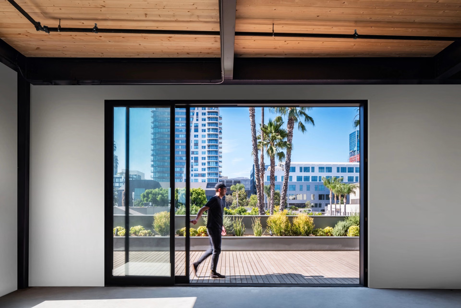 Sliding glass wall opening from the interior onto a planted timber terrace