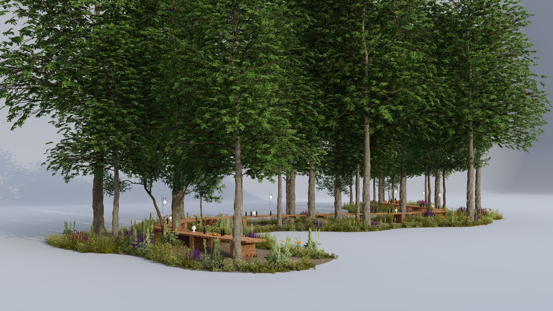 Design render of the curving table moving through a planted grove edge