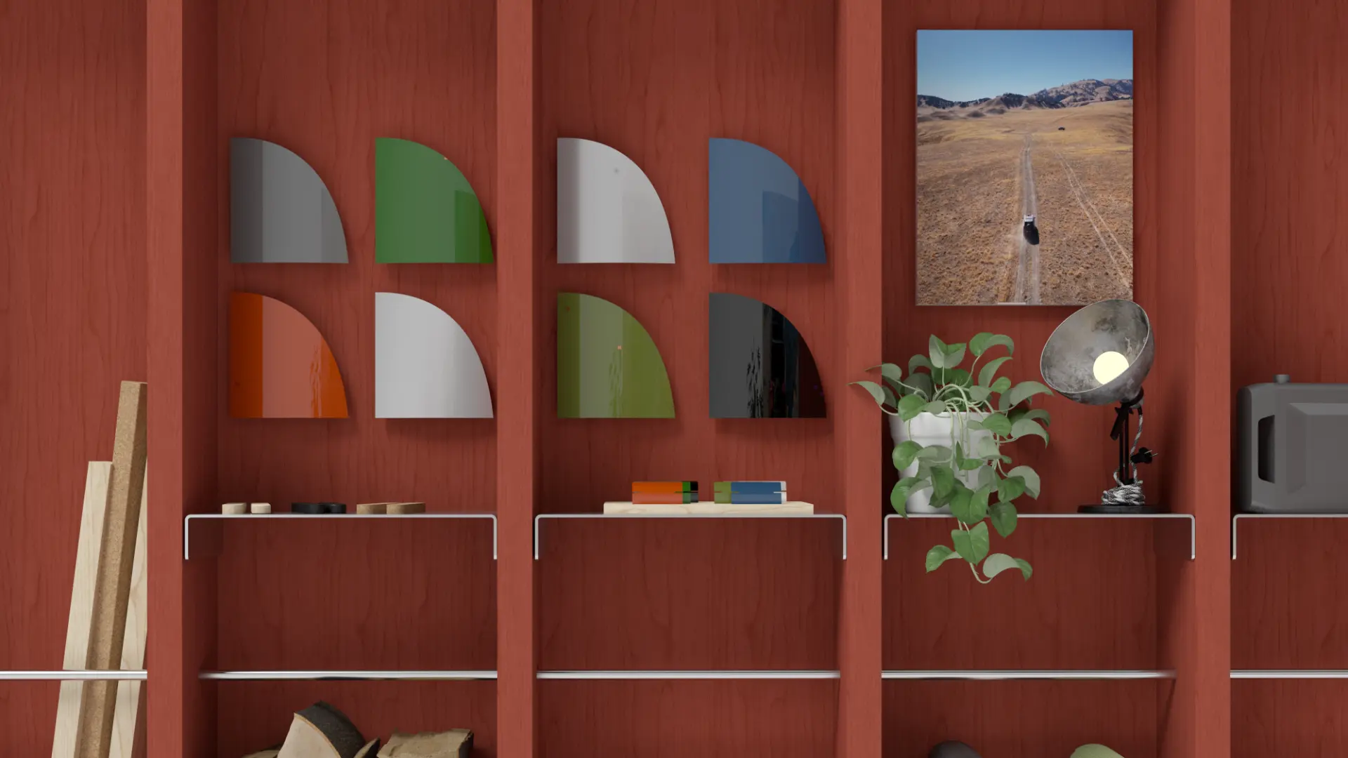 Shelf vignette with colour swatches and a framed photograph